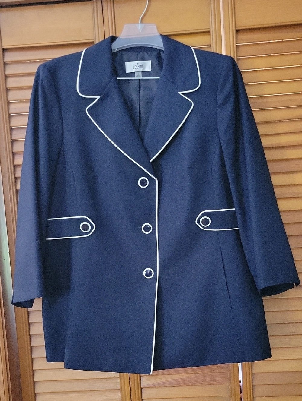 Le Suit Navy Blazer with White Piping Detail